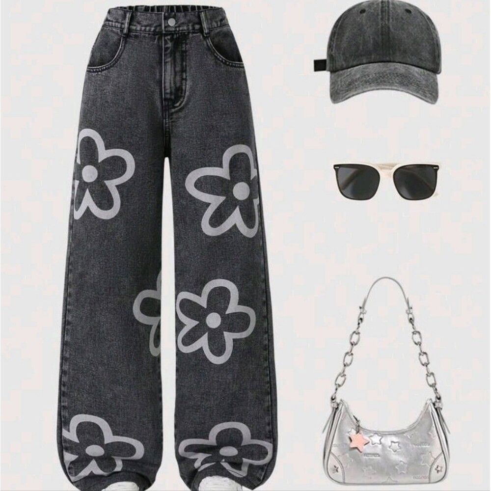 Trendy Black Jeans with Floral Design